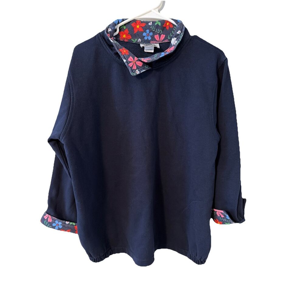 Metropolitan Navy Fleece Sweatshirt Floral Trim Collar Cuffs Women's Medium